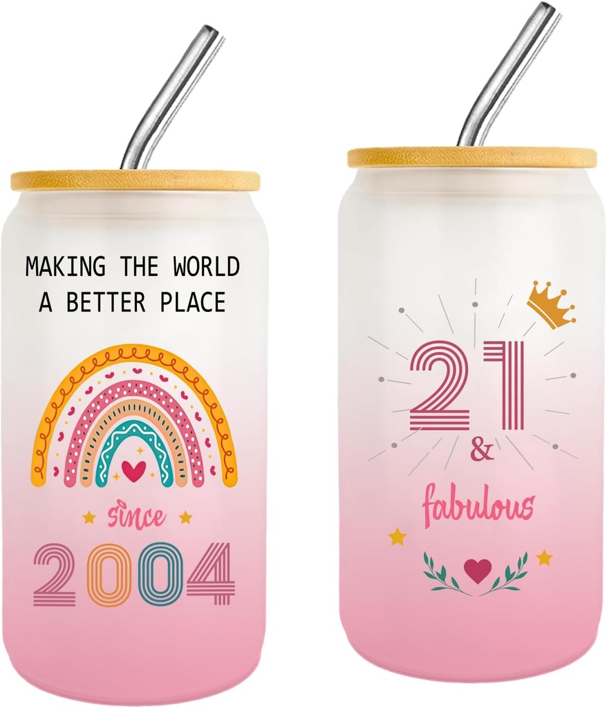Unique 21st Birthday Gifts for Her 21 Year Old Birthday Gifts for women,Gift for 21 Years Old Female Ideas,Cool 21st Birthdays Glass Cups With Straw and Lid Decorations for Sisters Friends Daughter