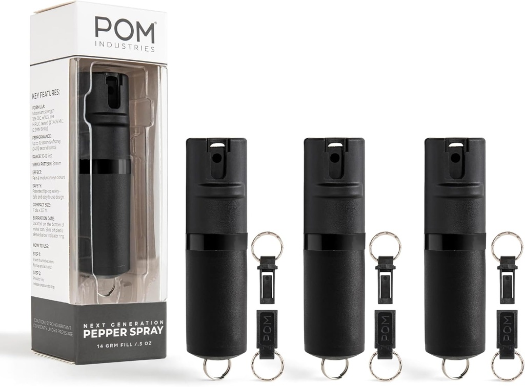 POM Premium Pepper Spray Keychain, Quick Release Access Flip Top Safety, Police Grade OC Formula with UV Marking Dye, 25 Precision Bursts, 10 Foot Effective Range, Made in USA