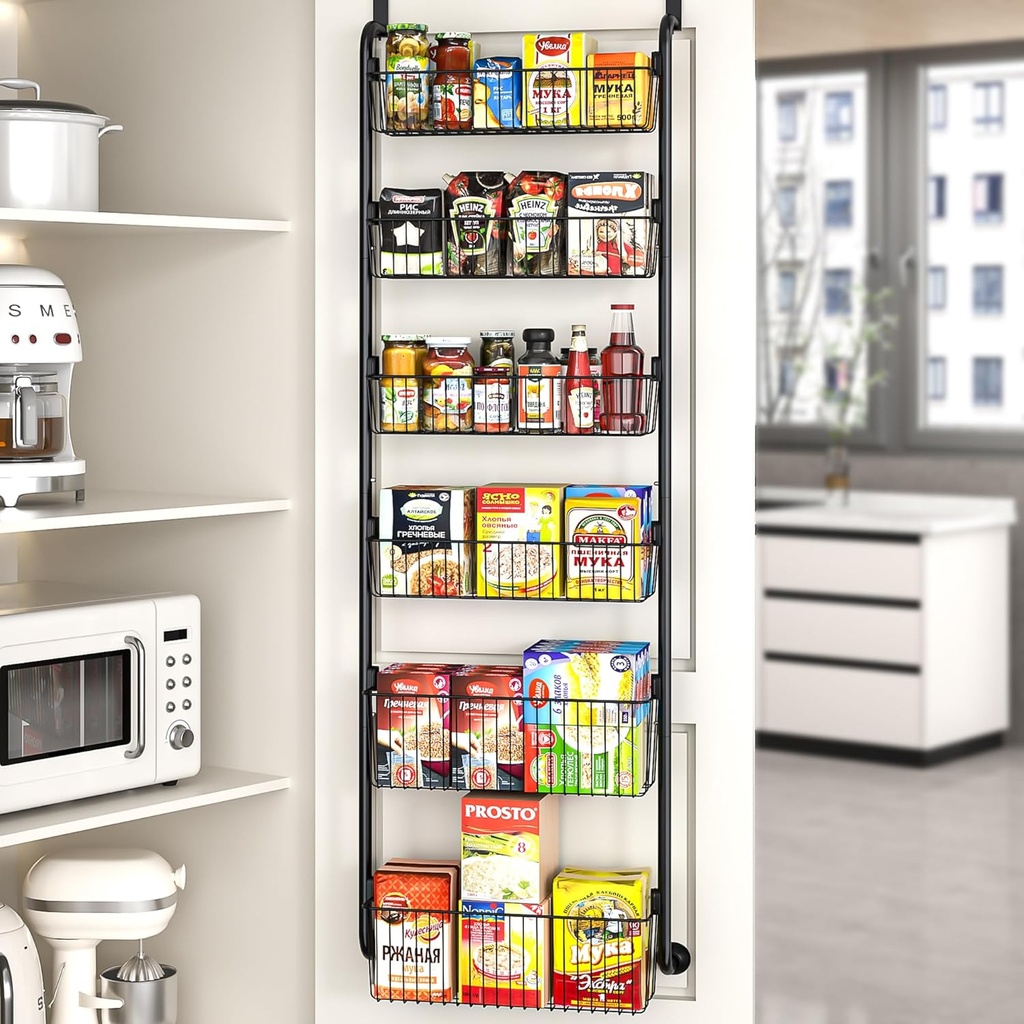 VECELO Kitchen Over the Door Organizer, 6-Tier Pantry Door Organizers and Storage, Metal Sturdy Over the Door Pantry Organizer, Easy Installation Over the Door Storage Spice Rack Shelves, Black