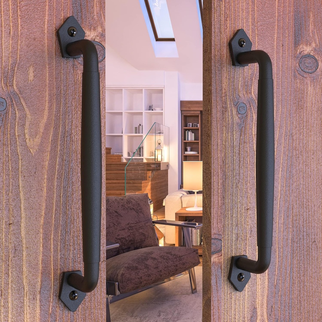 2-Pack 12 Inch Round Rustic Sliding Barn Door Handle - Black Steel Pull for Fence Gate, Garage, Shed, Closet, Pantry - Indoor and Outdoor Use - Easy Install