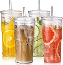 DWTS DANWEITESI Glass Cups with Lids and Straws 4 Pcs,20oz Glasses Drinking Set Vintage Textured Clear Iced Coffee Cups with Lids,Reusable Glass Tumbler with Straw and Lid for Coffee Bar Accessories