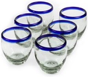 9 oz Hand Blown Mexican Drinking Glasses - Set of 6, 9 fl oz each, Cobalt-Blue Rim