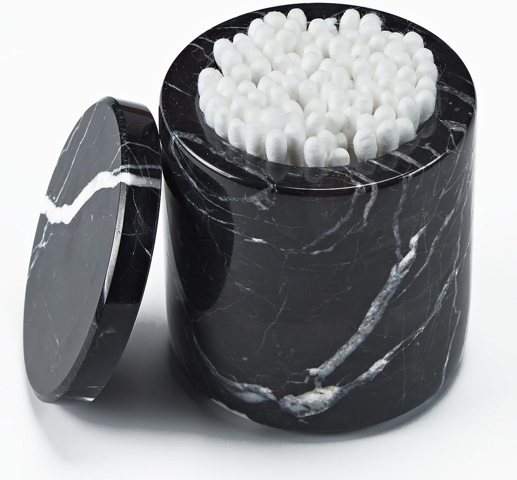 Black Marble Storage Canister, Cylinder 3 inch Diam x 3.5 Inch Ht Marble Jar with Lid, Natural Premium Bathroom Organizer for Cotton Balls, Jewery, Bath Salt, Q tip Holder for Powders, Countertop