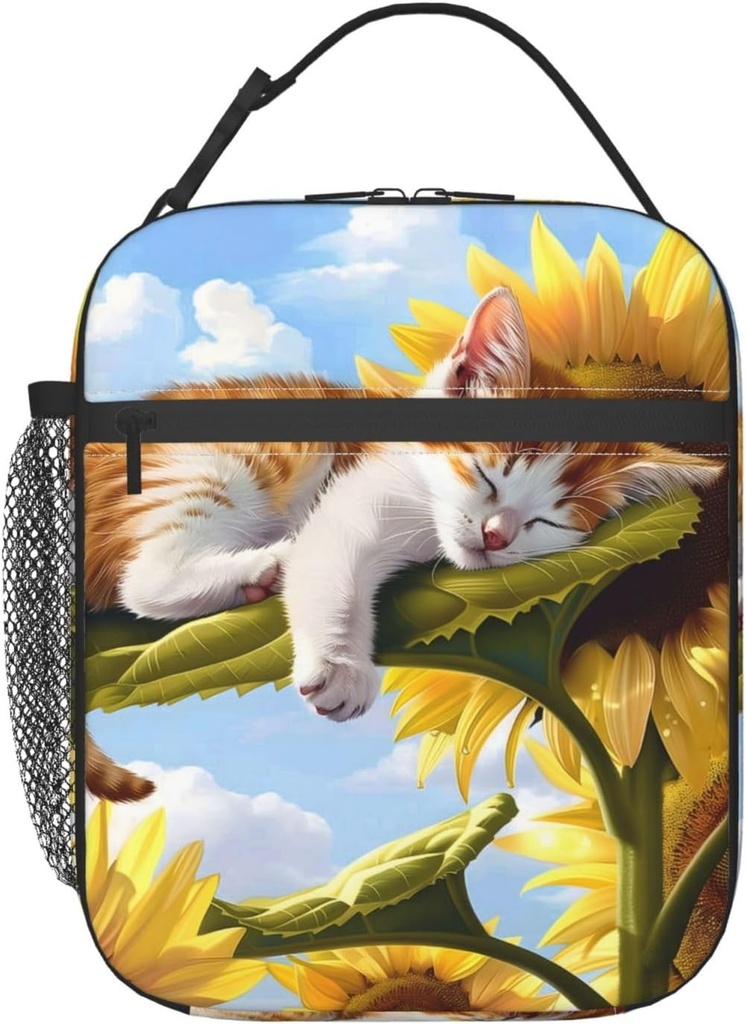 Reusable Cat Sunflower Lunch Box for Kids, Insulated Sleeping Kitten Bag,Polyester Cooler Pet Lovers Handbags Case for School Picnic Work Travel Beach or Hiking, Gifts
