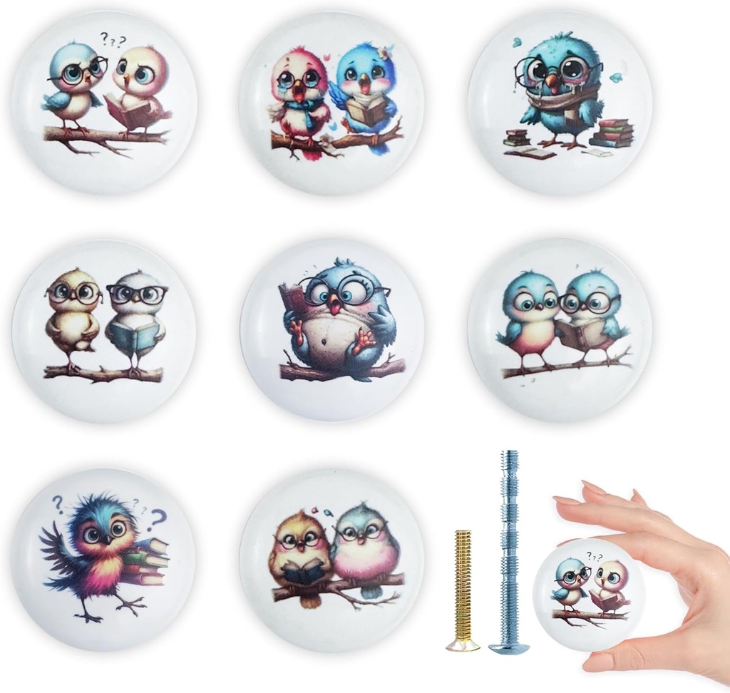 1.5" 8 PCS Unique Funny Bird Animal Theme Ceramic Cabinet Knob Cupboard Nursery Kids Room Dresser Drawer Pulls and Knobs