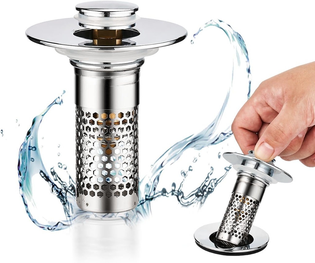 Bathroom Sink Stopper, Sink Drain Strainer for 1.1-1.45 Inch, Upgraded Pop Up Filter with Basket Hair Catcher 1pc