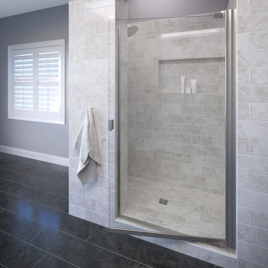 Basco Shower Door Basco ARMN00A2866XPBN Armon Single Swing Shower Door, Brushed Nickel, 26.625-28.125 in. Wide x 66 in. high, AquaGlideXP Clear Glass