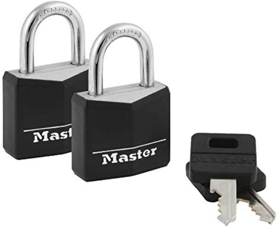 Master Lock Black Outdoor Key Lock, Standard Weather Resistant Padlock with Cover, Keyed Alike Padlocks for Lockers, Fences, Sheds, or Other Equipment, 2 Pack, 131T