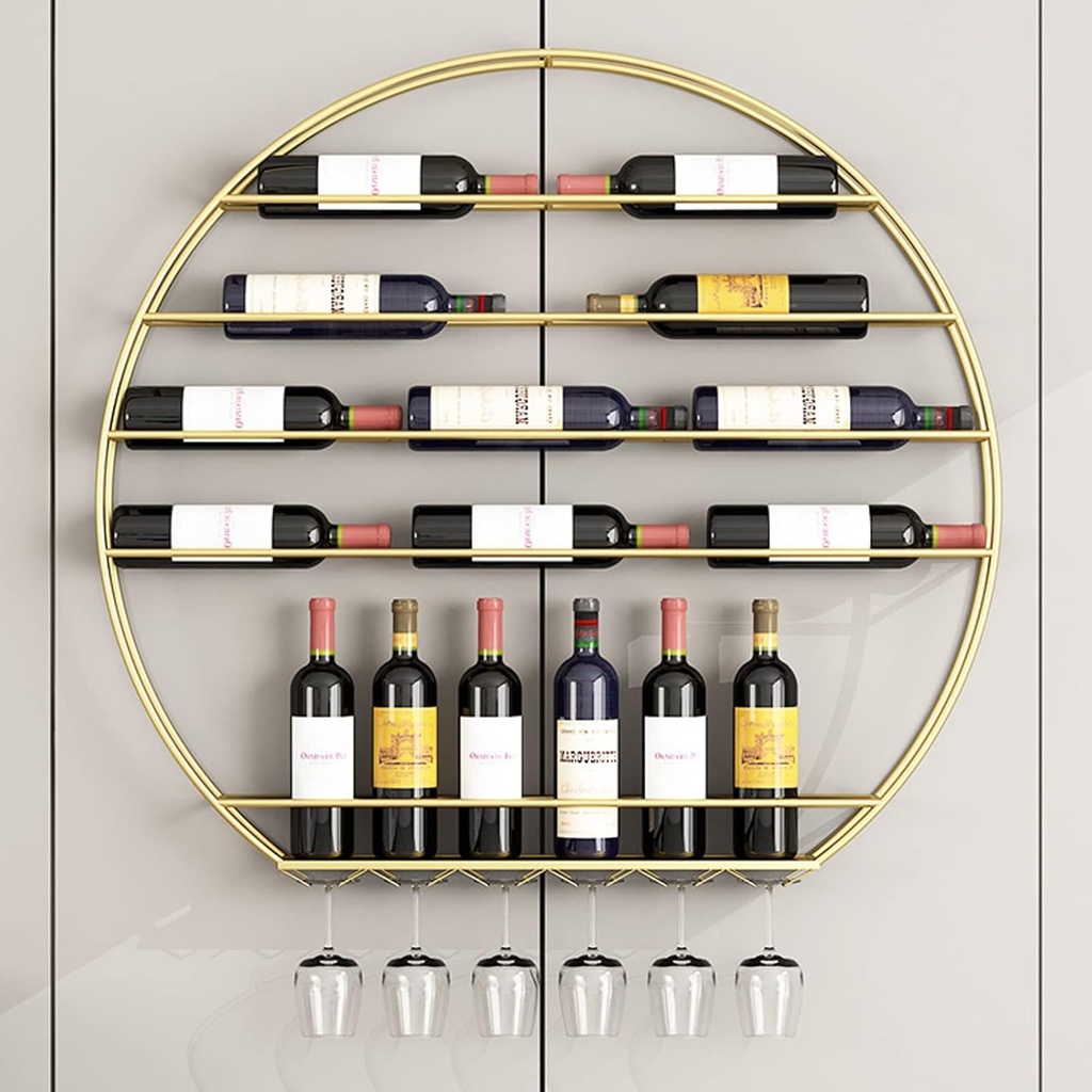 Wall Mounted Wine Bottle Storage Display Rack, Round Wine Glass Goblet Holder, Metal Hanging Wine Rack for Bar Wine Cellar Kitchen (Color : Black) (Gold)
