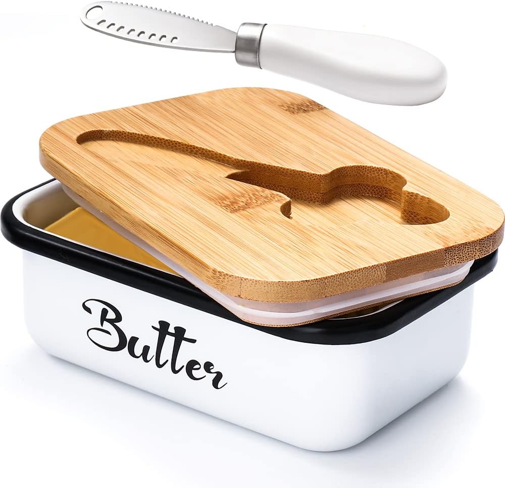 Butter Dish with Lid: Butter Dish for Countertop- AISBUGUR Metal Butter Keeper with Stainless Steel Multipurpose Butter Knife,Large Butter Container with Silicone Home Decor Kitchen Gift White
