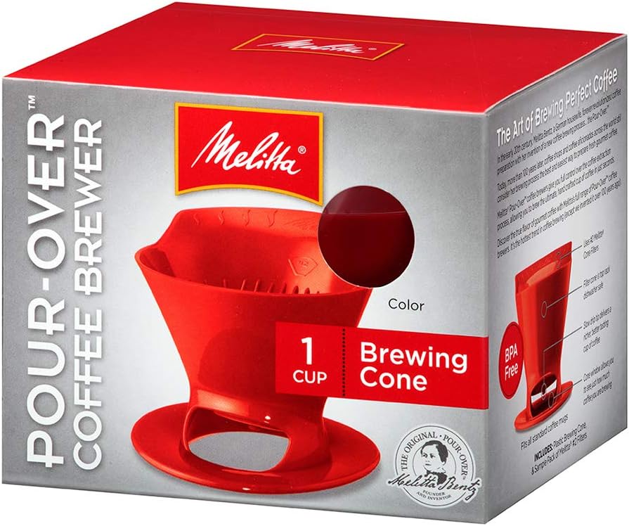 Melitta 640820 Ready Set Joe Filter Cone Pourover Cone Manual Brewer, One Cup Brewer, Red