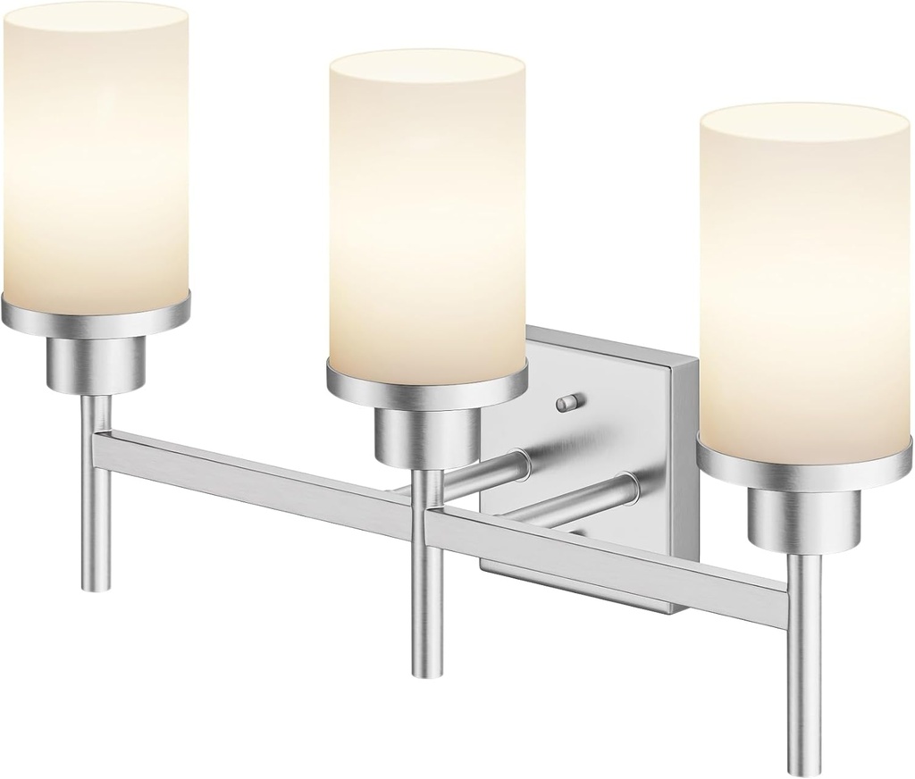 Bathrom Light Fixtures Brushed Nickel 3-Light with White Frosted Glass Shade, Modern Wall Lamps Over Mirror for Bath Washroom Living Room T001BR-L3