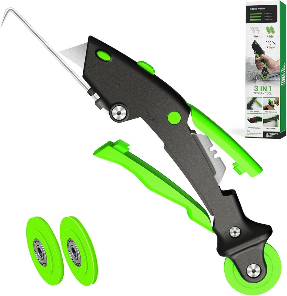 Versatile Screen Roller Tool, 3 in 1 Screen Spline/Repair Tool, Roller+Hook+Trim -3pcs Different Rollers with Bearing,Removal Hook-Foldable, 3pcs Blade-Storage,Replacement for Installing Window Mesh.