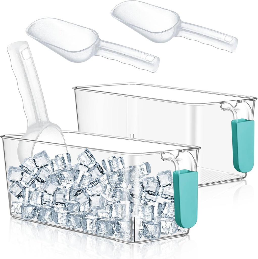 Havawish 2 Set Ice Bin and Flexible Scoop Set Plastic Freezer Ice Bin with Pull Out Handle Clear Storage Bucket for Container with Bucket Scoop (Blue,10.83 x 4.92 x 4.33 in)