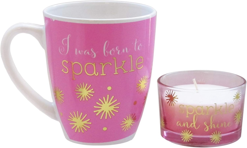 American Atelier Sparkle Ceramic Mug & Candle 16 Ounce – 2 Piece Set for Coffee, Tea, Cocoa, Ice Cream-Hostess Gift Idea for Special Occasion, Housewarming or Birthday, 15 Oz, Pink