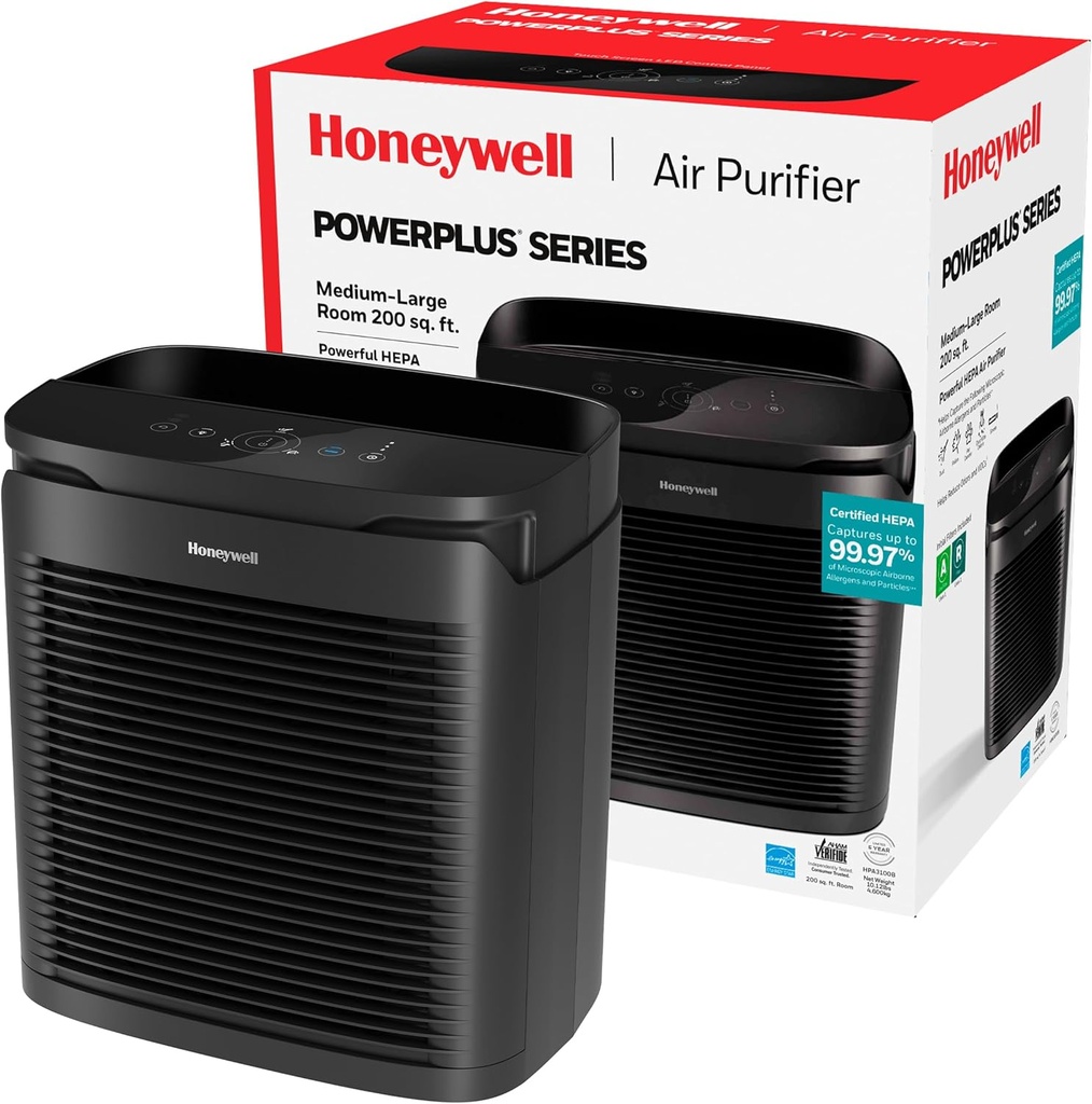 Honeywell PowerPlus HEPA Air Purifier for Home, 968 Ft² Rooms in 1 Hour, HEPA Air Purifiers that Reduce Allergens, Dust, Pollen, All Smoke Types, Pet Dander and Odors, Black, HPA3100