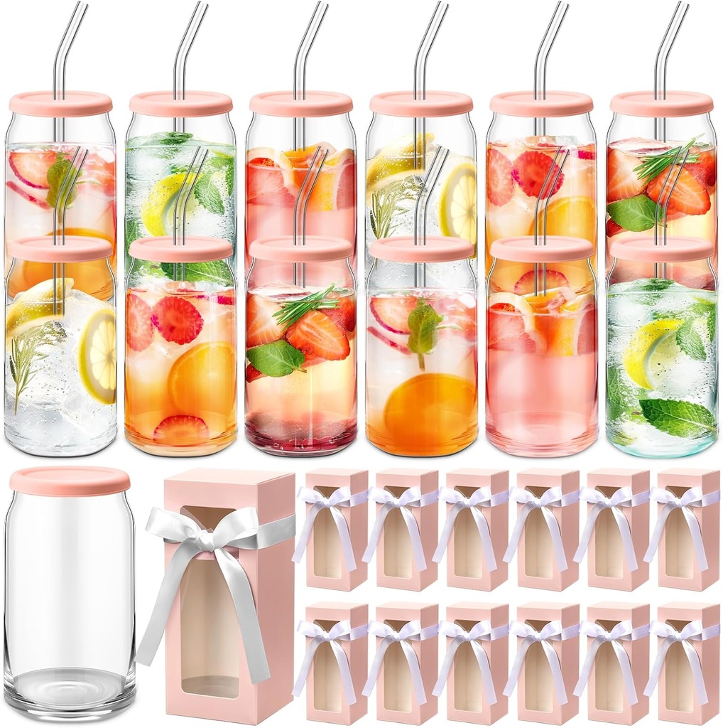 12 Sets Glass Cups with Silicone Lids Straws and Brushes 16oz Can Shaped Drinking Glasses Beer Glasses Cute Tumbler Cup with Semi Transparent Gift Box Ribbon for Friends Employee(Pink)