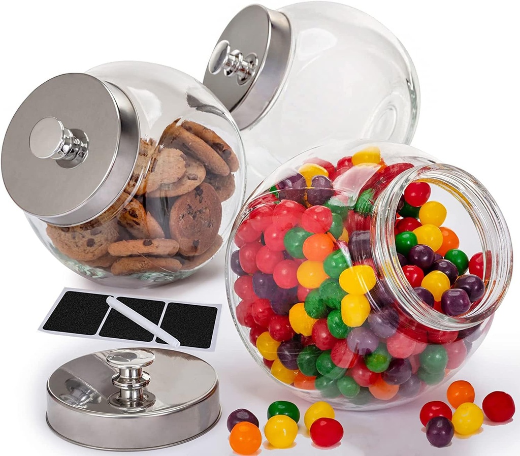 Glass Cookie Jars for Kitchen Counter (3 Pack) 75oz Food Storage Canisters with Airtight Lids + Marker & Labels, Coin & Penny Jar for Candy Buffet, Coffee, Laundry Detergent Holder