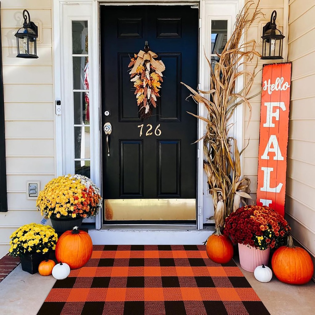 Fall Outdoor Rug Orange Buffalo Plaid Outdoor Rug Cotton Hand-Woven Buffalo Check Rug Layered Doormats for Front Door/Front Porch/Farmhouse/Entryway/Patio(Orange and Black Plaid, 27.5'' x 43'')