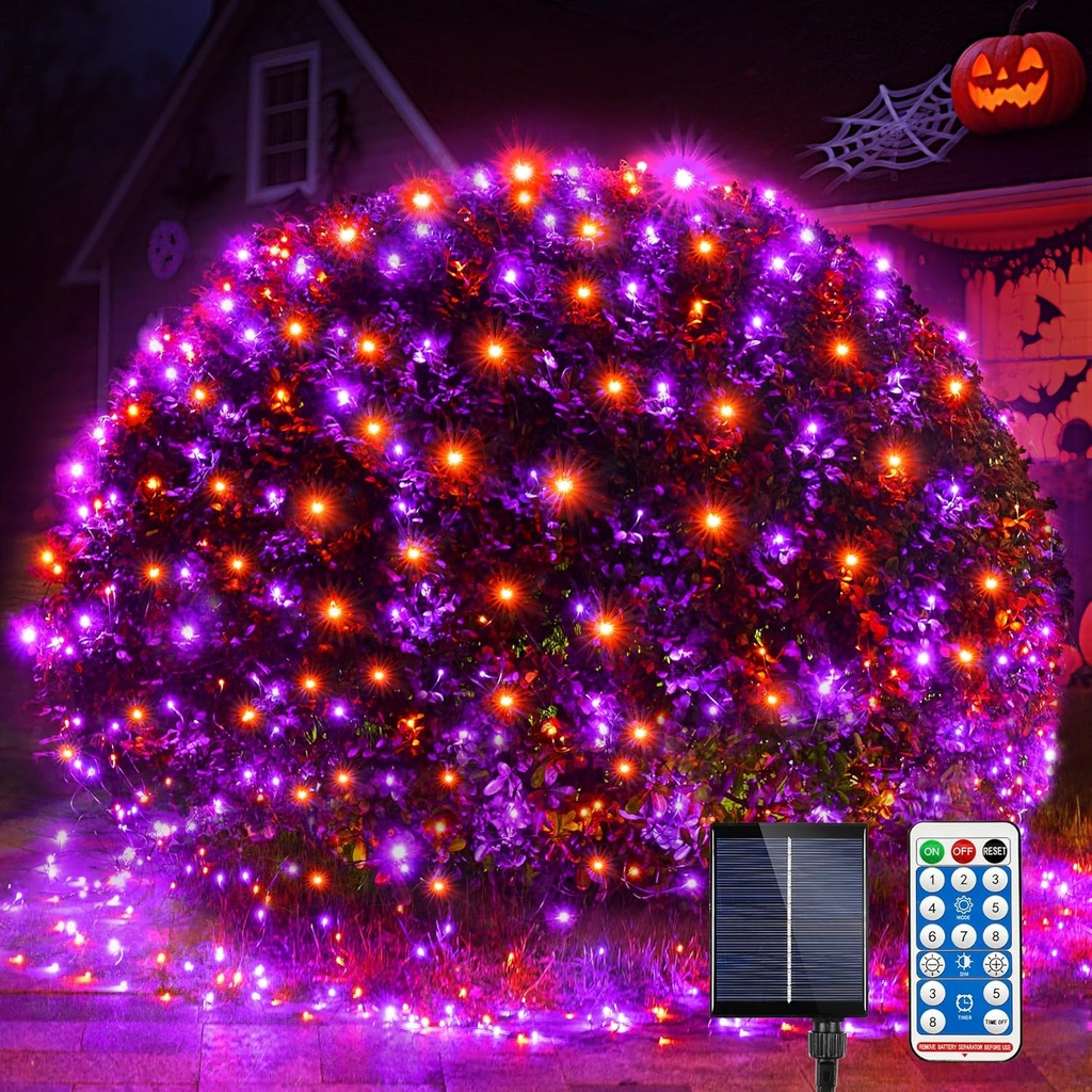 WBao Solar Halloween Lights Outdoor 200LED 8.4ft x 5.2ft Orange Purple Halloween Net Lights with Remote, 8 Modes, Timer, IP65 Waterproof & Dark Green Wire for Lawn, Bushes, Trees, Shrubs Decorations