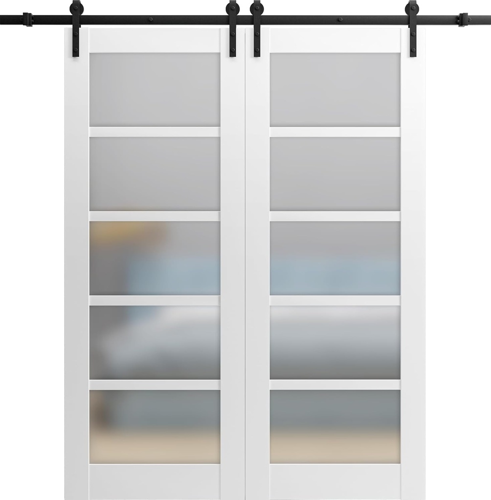 SARTODOORS Sliding Double Barn Doors with Hardware | Quadro 4002 White Silk with Frosted Glass | 13FT Rail Sturdy Set | Interior Bedroom Bathroom Door-48" x 96" (2 * 24x96)-Frosted Glass-Black Rail
