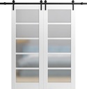 SARTODOORS Sliding Double Barn Doors with Hardware | Quadro 4002 White Silk with Frosted Glass | 13FT Rail Sturdy Set | Interior Bedroom Bathroom Door-48" x 96" (2 * 24x96)-Frosted Glass-Black Rail