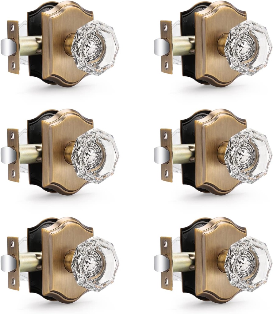 Gobrico Crystal Glass Door Knobs 6 Pack Passage Function Door Handles for Interior Room Keyless Snowflake Crystal Door Hardware for Hall Closet Pantry in Antique Brass Finish