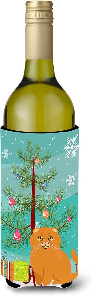 Caroline's Treasures BB4428LITERK Scottish Fold Cat Merry Christmas Tree Wine Bottle Hugger Bottle Cooler Sleeve Hugger Machine Washable Collapsible Insulator Beverage Insulated Holder