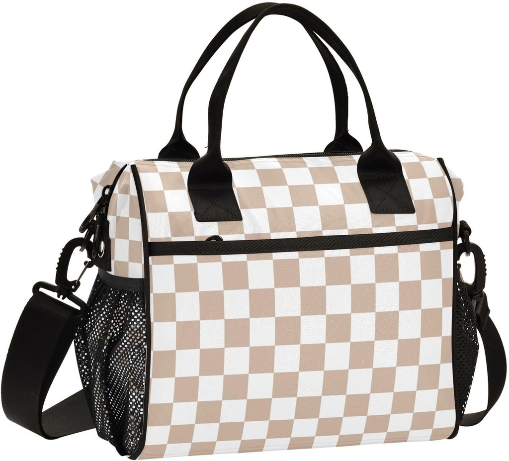 Brown White Checkered Lunch Bag for Women Adults Men, Insulated Lunch Box Reusable Lunch Tote Leakproof Cooler Bag for Work Travel Picnic S