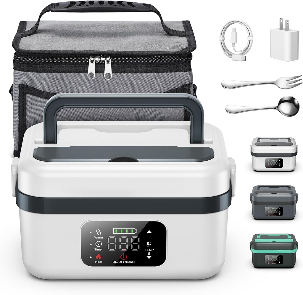 Electric Heated Lunch Box for Adults, EDCERATY Rechargeable 60W Self-Heating Food Warmer with 1L Stainless Steel Container, Fork, Spoon and Insulated Carry Bag for Work Men Car Truck(Grey+White)