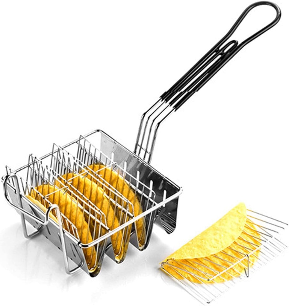 FAMKIT Taco Fryer Basket 4 Shells, Detachable Handle Taco Shell Fry Basket, Holds 4 Shells Deep Fryer Taco Holder Basket Cooking Tool for Kitchen Milk Tea Shop Fried Chichen Shop