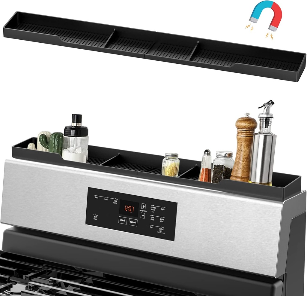 AWOKE Stove Top Shelf 30 Inch - Silicone Material Magnetic Shelf for Stove - 3 Functional Partitions Kitchen Spice Rack Organizer-Black,Kitchen Gadgets Storage Organization