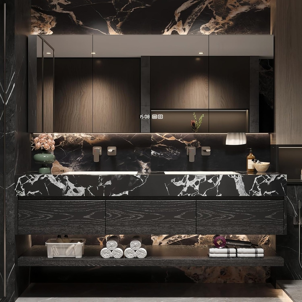 60" Double Sink Bathroom Vanity - Modern Floating Bathroom Cabinet with Sintered Stone Countertop, Pedestal Sink Storage Cabinet, with LED Mirror and Ample Storage,Black