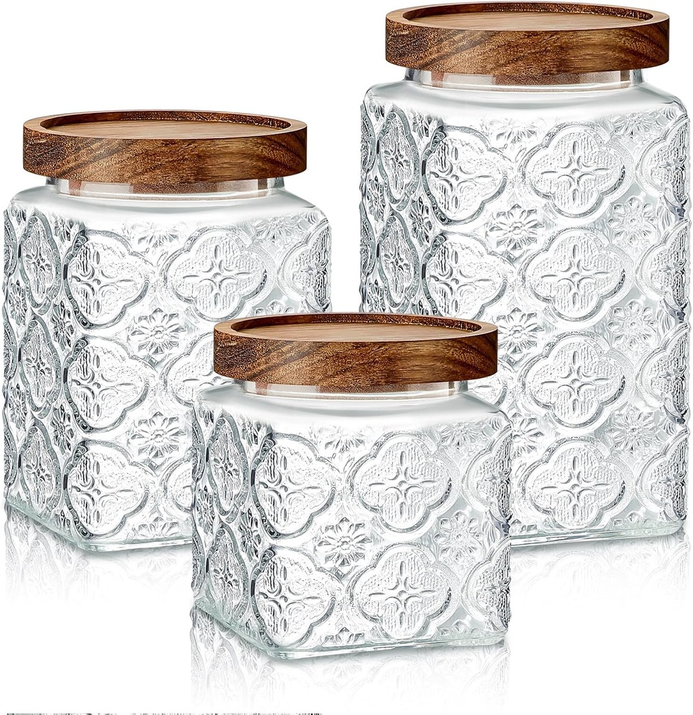 Gerrii 3 Pcs Glass Food Storage Containers 17/24/34 oz Vintage Glass Jar with Lid Begonia Pattern Airtight Candy Jar Food Jars Canisters for Kitchen Counter Pantry Coffee Tea Beans (Square)