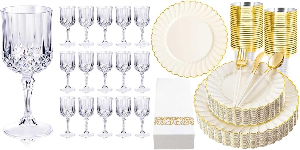 Ciaell 24 pieces of plastic wine glasses and 175 pieces of ivory scallop plastic plates are suitable for weddings, bars, wine, beer, juice, cocktails and whisky