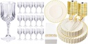 Ciaell 24 pieces of plastic wine glasses and 175 pieces of ivory scallop plastic plates are suitable for weddings, bars, wine, beer, juice, cocktails and whisky