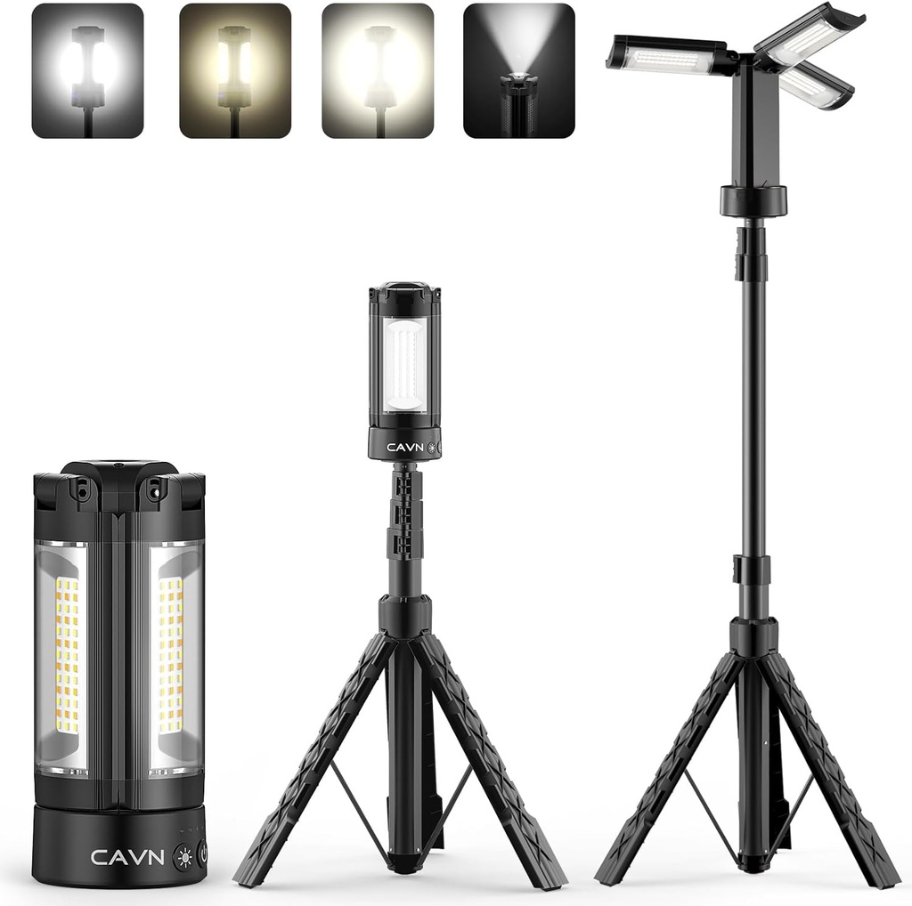 CAVN Rechargeable 10000mAh Camping Lights with Stand 6.5 ft Max Height, Portable Cordless LED Work Light 2200 Lumens 6500/4500/3500K Dimmable Camping Essentials Gear with Detachable Tripod, Black