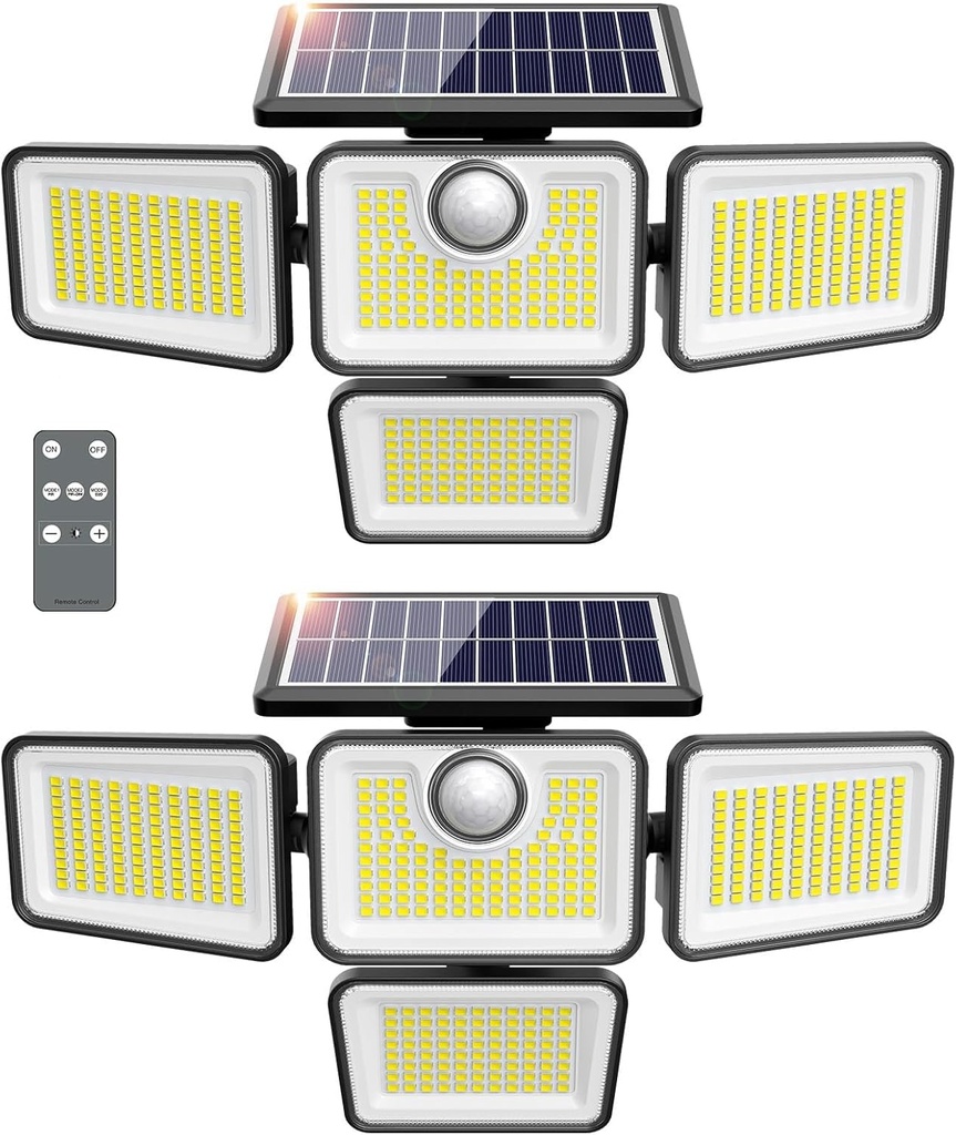 4500LM Solar Lights Outdoor, 4 Adjustable Heads Motion Sensor Lights, 3 Mode, 6500K, IP65 Waterproof Solar Security Wall Lights, Remote Control Flood Lights, Graden, Outside, Backyard, 2 Pack