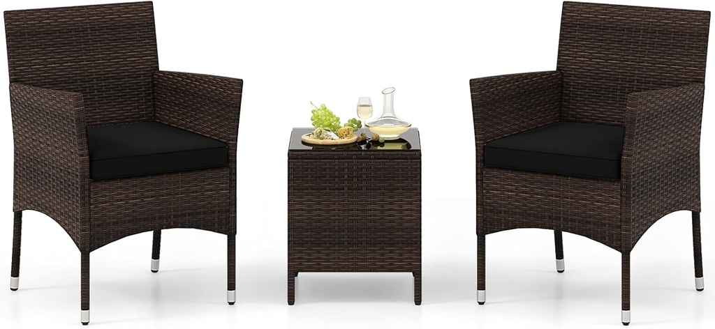 HAPPYGRILL 3 Piece Outdoor Conversation Set, Patio Wicker Chairs & Coffee Table Set with Cushioned Seat & Tempered Glass Tabletop for Backyard Porch Poolside, Black
