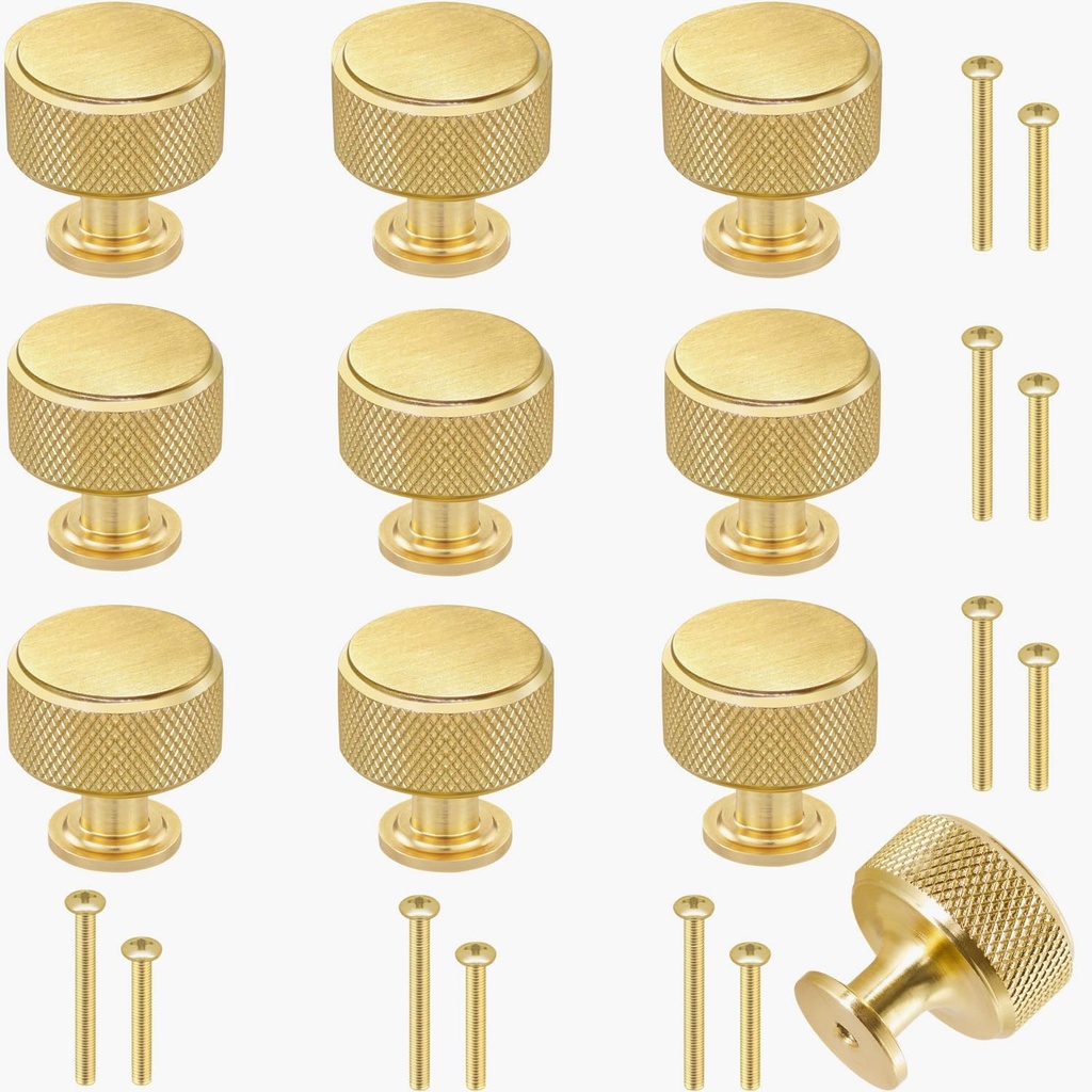 10 Pack Modern Cabinet Knobs, 1 Inch (28mm) Round Brushed Gold Zinc Alloy Drawer Pull Handles for Dresser, Vanity Decorative with 2 Size Screws