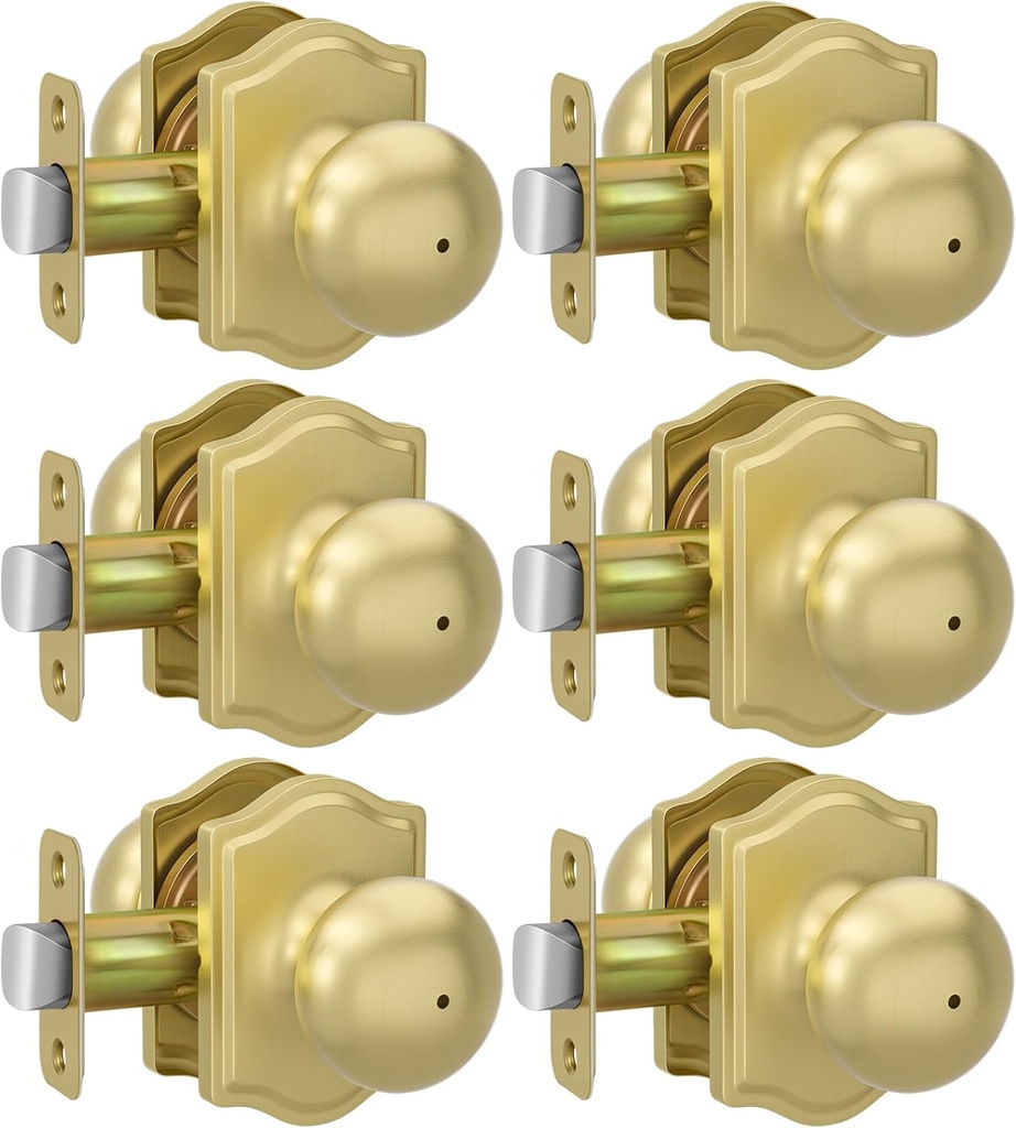 Haidms Gold Door Knobs Interior, Round Privacy Door Knob for Bedroom Bathroom, Brushed Gold Interior Door Knobs (6 Pack)