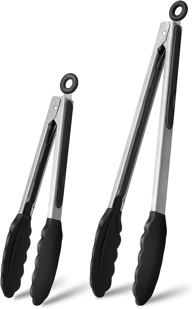 Kitchen Tongs with Silicone Tips, 9 + 12 Inch Stainless Steel Heat Resistant Kitchen Tongs,Heat Resistant, Non-Slip & Easy to Hold, For Cooking, BBQ, Grilling, Salad, Air Fryer