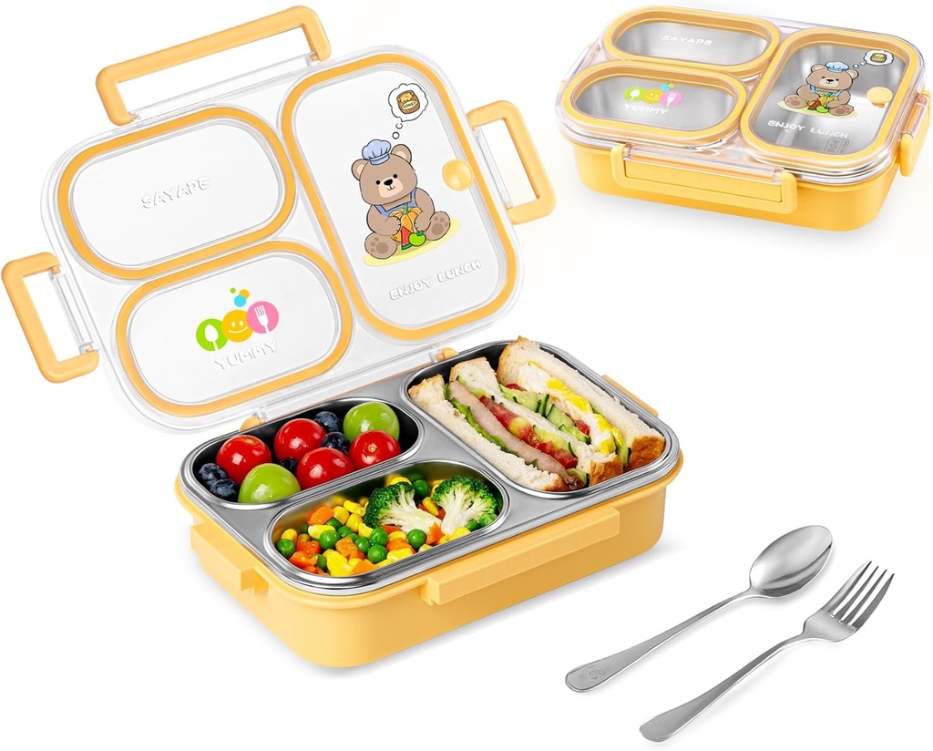 Stainless Steel Bento Lunch Box for Kids, 26.4 oz Leak-Proof 3-Compartment Metal Bento Box, BPA-Free, Cute Cartoon Meal Prep Snack Container with Utensils for School, Office, Travel - Yellow