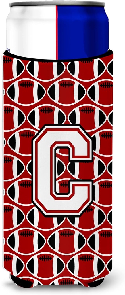 Letter C Football Cardinal and White Ultra Beverage Insulators for slim cans