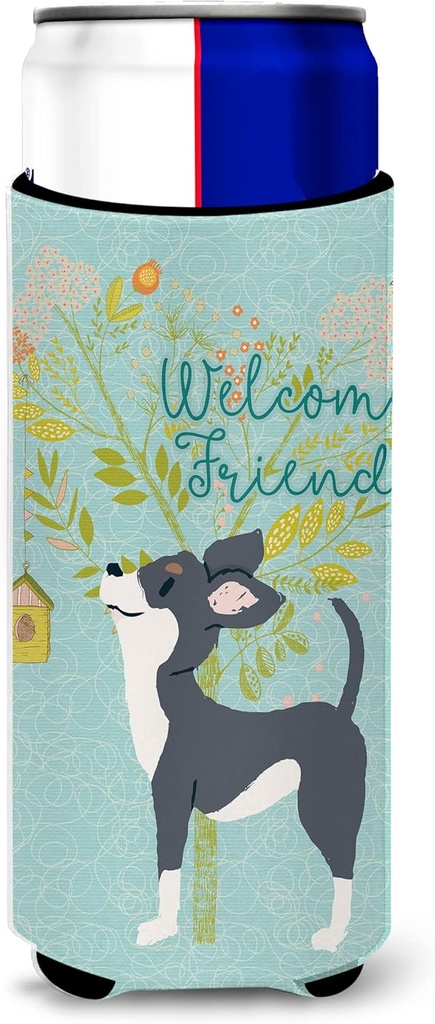 Caroline's Treasures Welcome Friends Black White Chihuahua Decorative Can Hugger, Multicolor