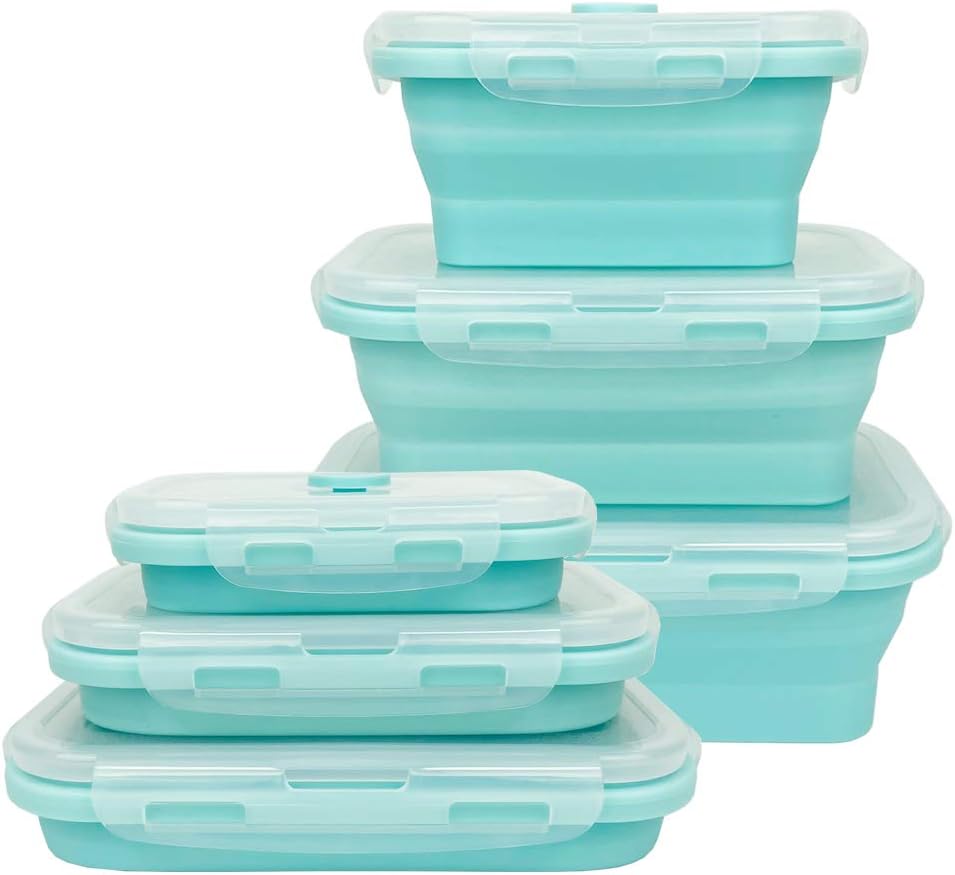 CARTINTS Silicone Collapsible Food Storage Containers-Prep/Storage Bowls with Lids - Set of 3 Square Silicone Lunch Containers - Microwave, Dishwasher and Freezer Safe (blue)