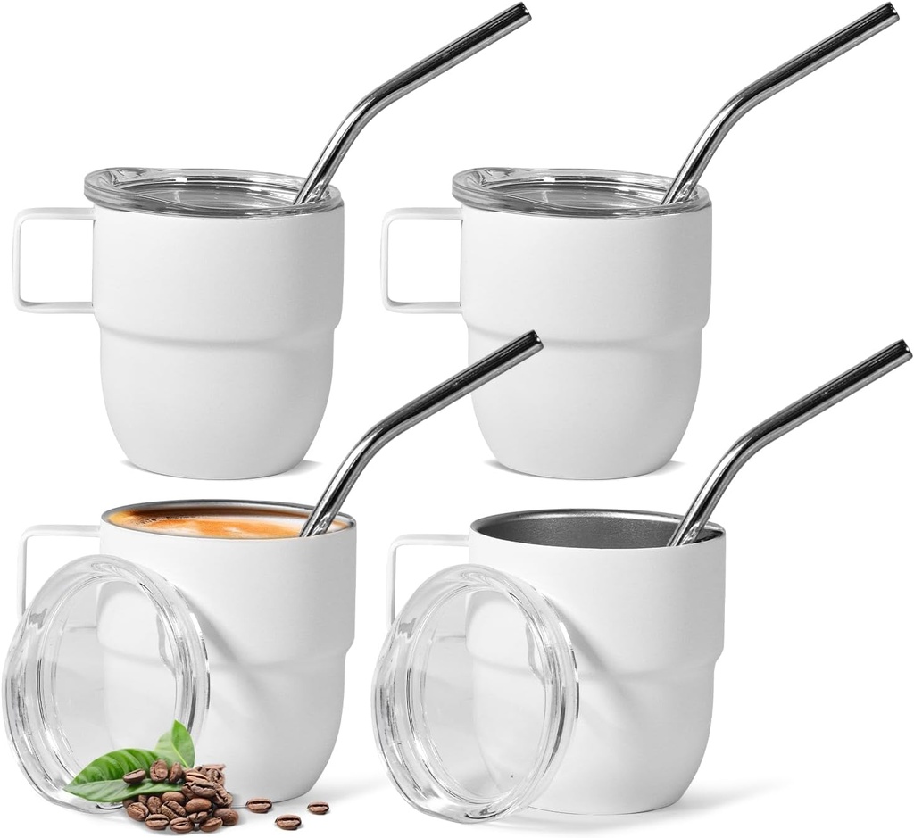 Espresso Cups Set of 4, 4 Ounce Small Coffee Cups, White Demitasse Cups Perfect for Espresso Machine and Coffee Maker, Stackable Vacuum Insulated Expresso Shots Cup for Party Cocktail Coffee, White