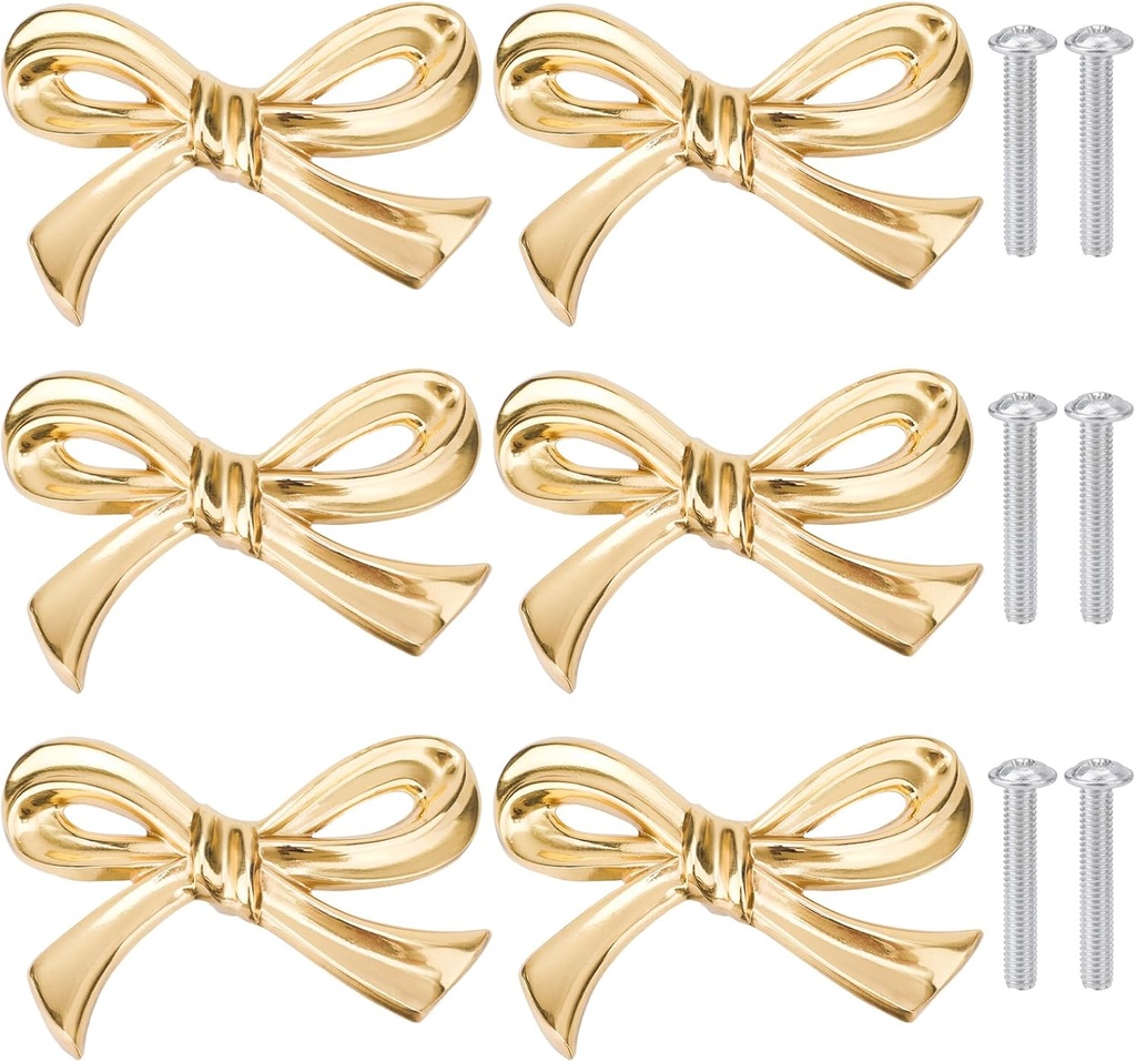 6pcs Bow Shape Cabinets Knobs, Brass Bow Furniture Door Pulls Vintage Gold Drawer Knobs Decorative Bow Dresser Handle Gold Bow Hardware for Dresser Home Kitchen Cupboard Drawer Wardrobe Pulls