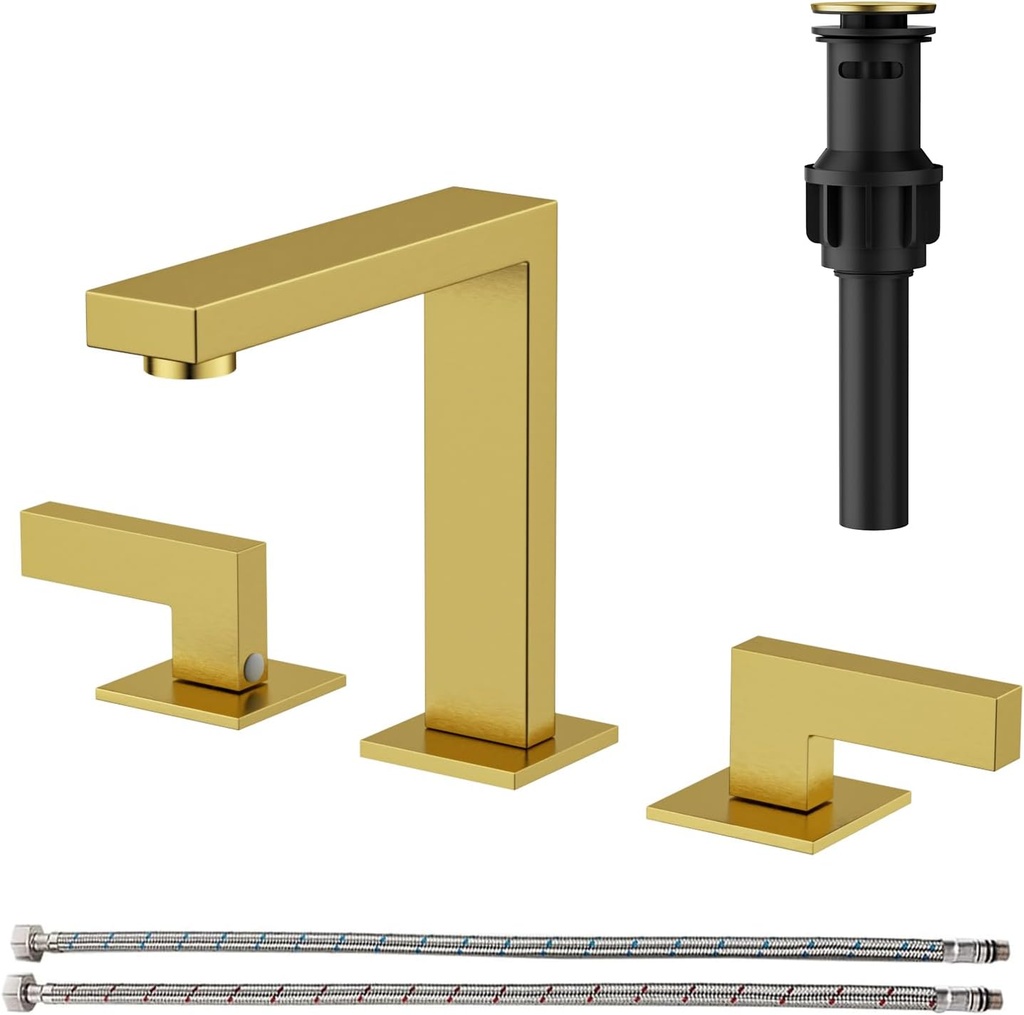 RUMOSE 8 inch Widespread Brushed Gold Bathroom Faucets for Sink 3 Hole Stainless Steel 2 Handle Lavatory Square Faucet Modern RV Bathroom Faucets with Pop Up Drain Vanity Faucet Deck Mounted