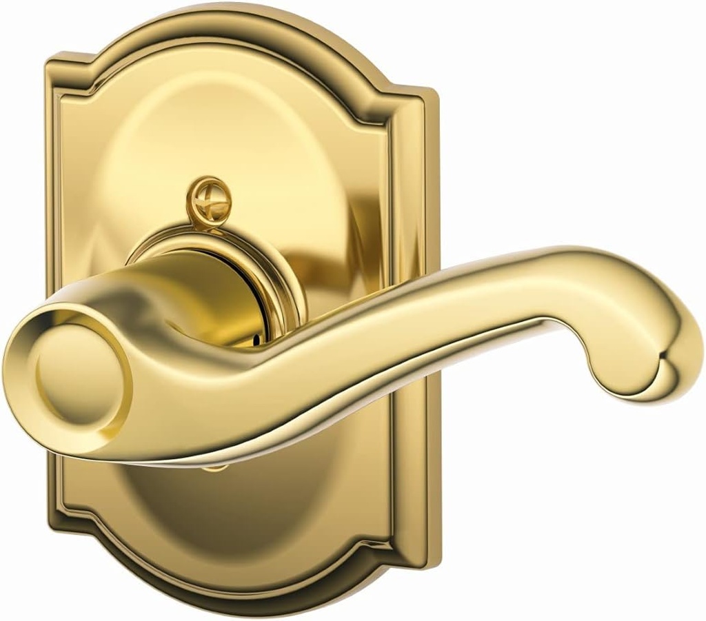 SCHLAGE Flair Right Handed Lever with Camelot Trim Non-Turning Lock, Bright Brass (F170 FLA 605 CAM RH)